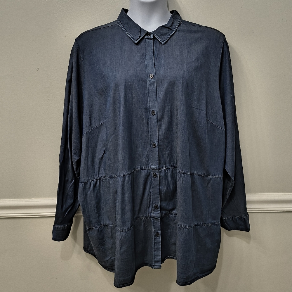Denim & Co. QVC Women's Dark Tencel Top Blouse Blue Size 4X Casual Minimalist